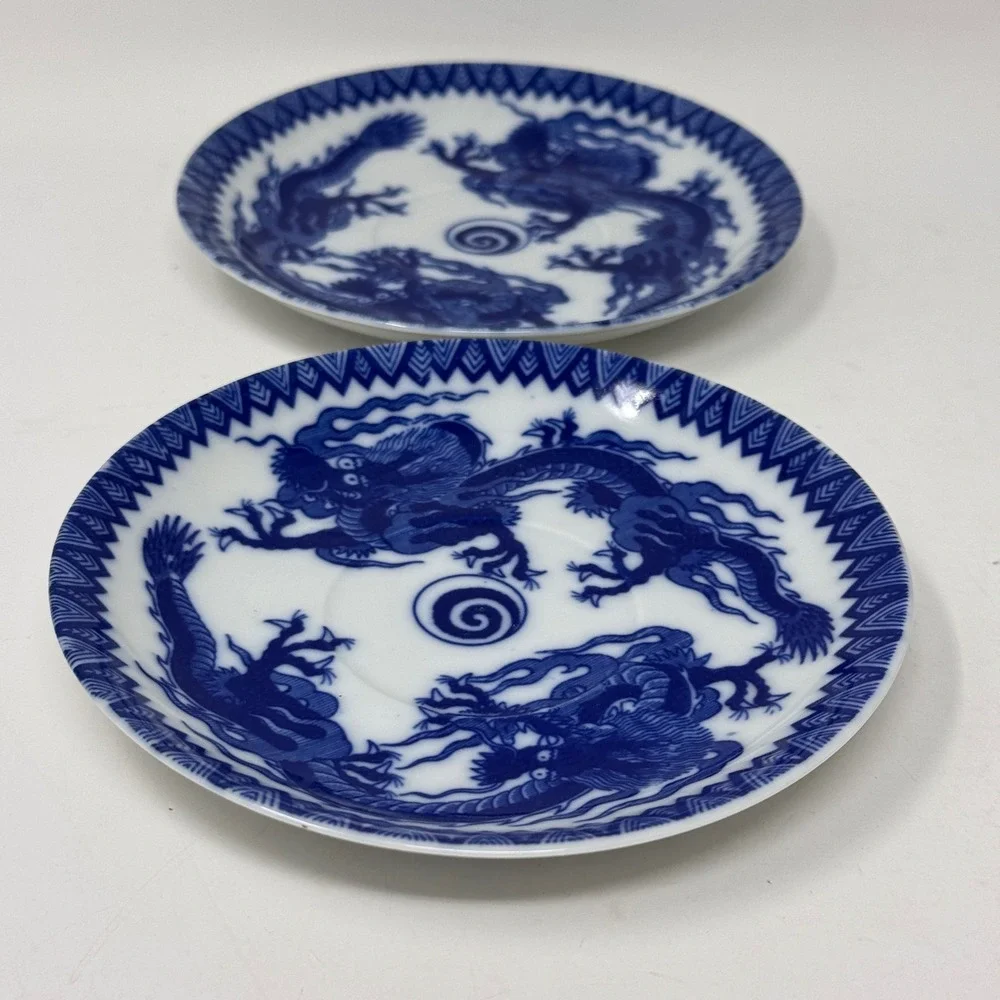 Vintage Japanese Blue & White Dragon Saucer Plates Set of 2
